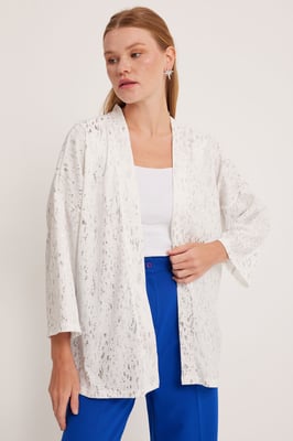 Geprinte Pompom Trim Schouderkraag Kimono
