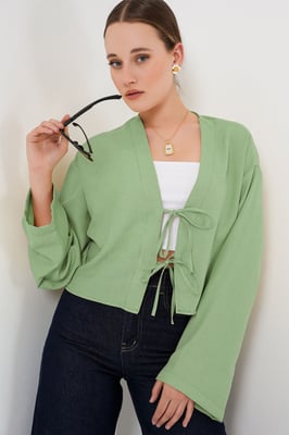 Viscose Blend V-Hals Lange Mouw Kimono met Binding Detail