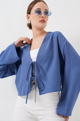 Viskosemix V-hals Lange Mouw Kimono met Afwerkingsdetail