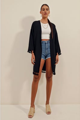 Midi Strand Kimono met Pompom Detail