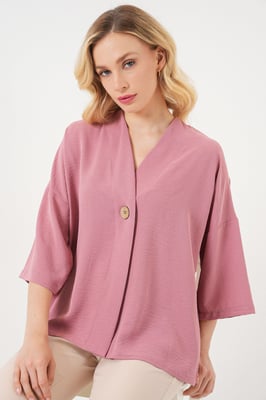 V-hals Driekwartmouw Kimono met Knop