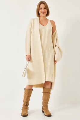Gestructureerde Brei V-Hals Cardigan-Jurk Twee-Delige Set