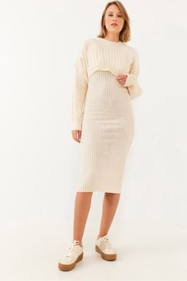 Geribbelde Gebreide Co-Ord Set met Ronde Hals