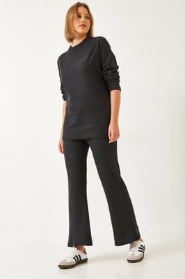 Geribbelde Textuur Crew Neck Trui en Broek Set