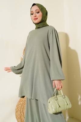 Getextureerde Langemouwen Tuniek en Wijdpantalon Set