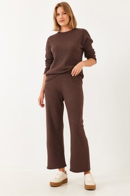 Geribbelde Textuur Crewneck Trui en Broek Set