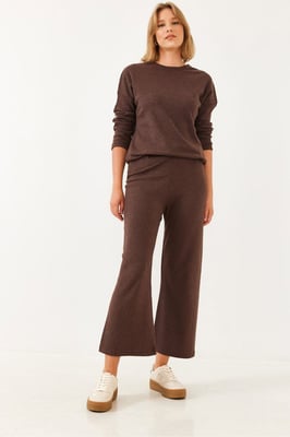 Geribbelde Textuur Crewneck Trui en Broek Set
