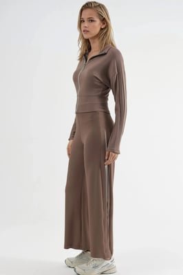 Modal Touch Hoge Taille Brede Pijp Twee-delige Set met Rits Kraag