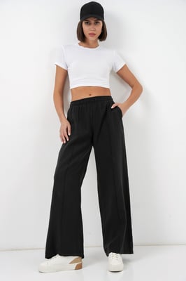 Brede Pijpen Broek met Elastische Taille