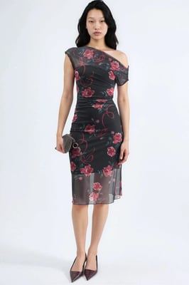 Asymmetrische Kraag Bloemige Midi Jurk