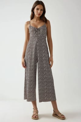 Wijde Been Bloemen Gebreide Jumpsuit met V-hals