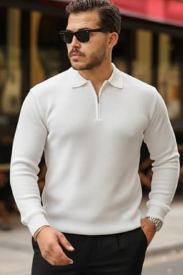 Slim Fit Gebreide Polo Kraag Sweater met Rits
