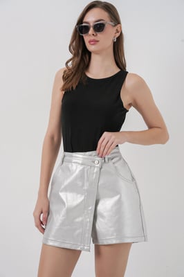 Hoge Taille Metallic Fabric Mini Skorts met Knopen Sluiting