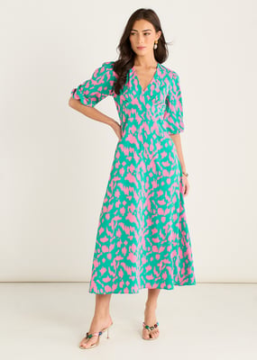 Groene midi-jurk met V-hals en dierenprint
