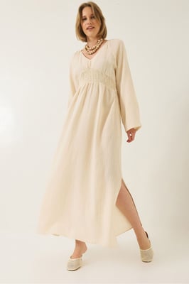 Geverfde V-hals Midi-jurk met Geraffineerde Taille