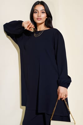 Geweven Lange Mouwen Tuniek en Wijde Pantalon Set
