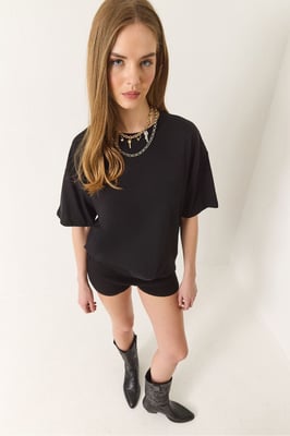 Ontspannen Pasvorm Crew Neck Katoenen T-Shirt met Split