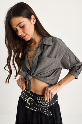 Gestructureerde Gestreepte Crop Shirt met Knopsluiting en Zak