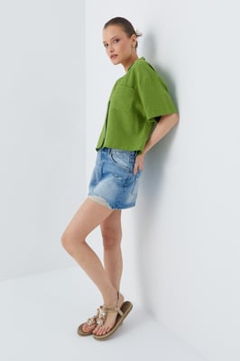 Losse Fit Knop-Up Crop Shirt met Zak