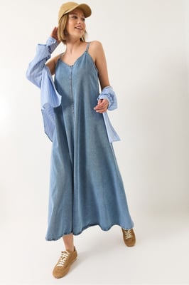 Maxi V-hals Denim Jurk met Knopen Sluiting