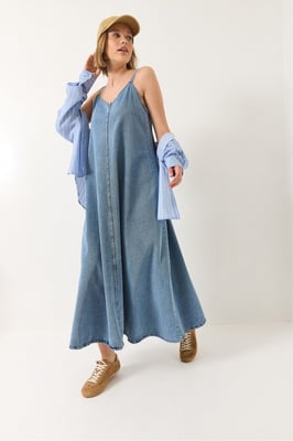 Maxi V-hals Denim Jurk met Knopen Sluiting