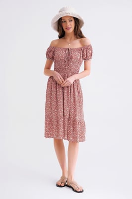 Schouderloze Bloemen Geborduurde Taille Puff Mouw Midi Jurk
