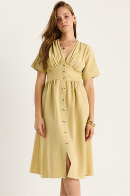 V-hals Knop Midi Shirt Jurk