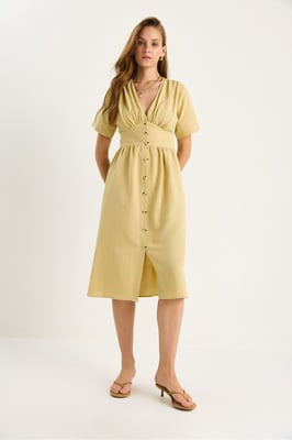V-hals Knop Midi Shirt Jurk