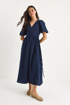 Gestructureerde V-hals Midi-jurk met Wikkelsluiting