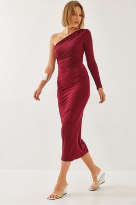 Asymmetrische Kraag Gerimpelde Midi-jurk
