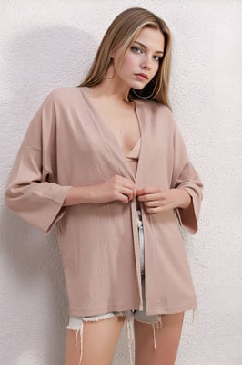 Textured Loose Fit Sjaalkraag Kimono