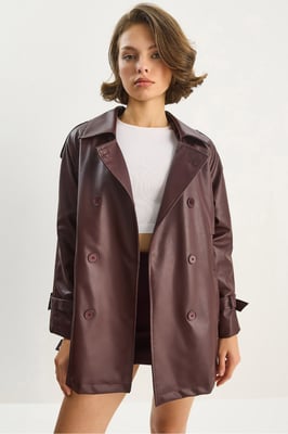 Dubbelgevoerde Faux Leren Trenchcoat