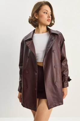 Dubbelgevoerde Faux Leren Trenchcoat