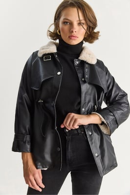 Faux leren jas met nepbontdetail