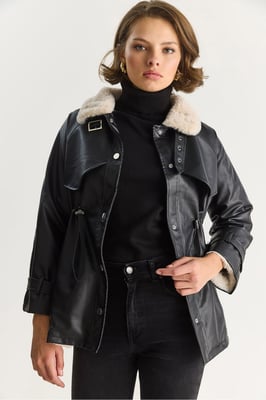 Faux leren jas met nepbontdetail
