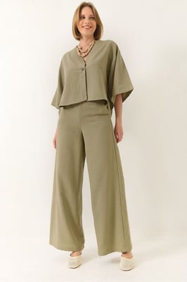 V-hals Tuniek en Wijde Pantalon Twee-Delige Set