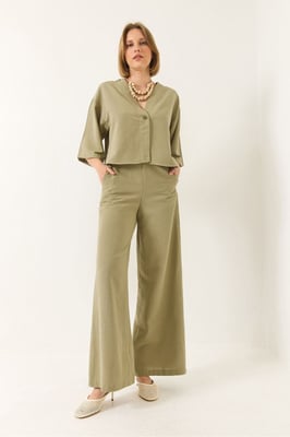 V-hals Tuniek en Wijde Pantalon Twee-Delige Set