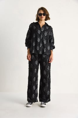Geborduurd Overdimensionaal Shirt en Brede Pantalon Co-Ord Set