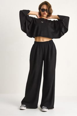 Gebreide Crew Neck Lange Mouw Wijde Pijpen Twee-Delige Set