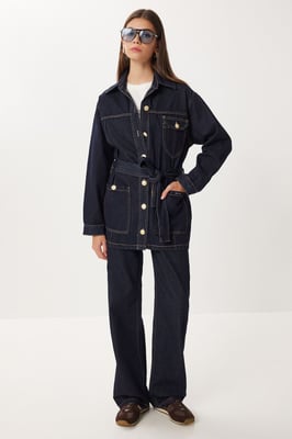 Gecoate Spijkerjack met Taille en Wijde Pantalon Twee-Delige Set