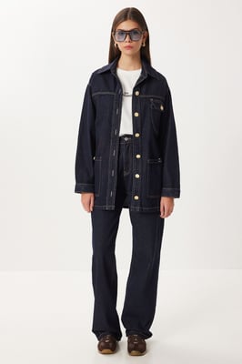 Gecoate Spijkerjack met Taille en Wijde Pantalon Twee-Delige Set