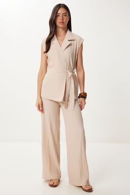 Hoge Taille Twee-Delige Set met Hemdkragen en Wijde Pantalons