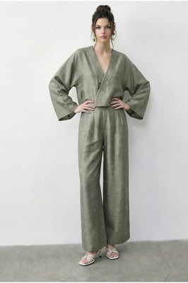 Bloemige V-hals Oversized Kimono en Wijde Pantalon Set