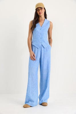 V-hals Vest en Wijde Pantalon Twee-delige Coord Set