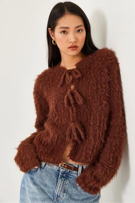 Kanten Korte Ribgebreide Cardigan met Striksluiting