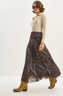Hoge Taille Etnische Print Midi Rok
