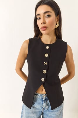Getailleerde Mouwloze Knopen-Front Vest met Ronde Hals