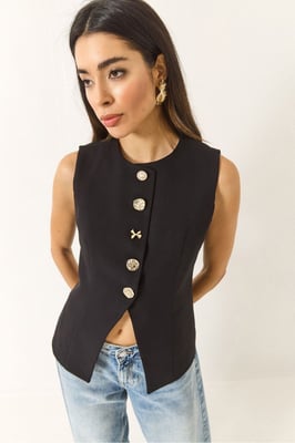 Getailleerde Mouwloze Knopen-Front Vest met Ronde Hals