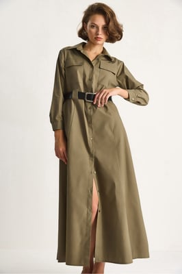 Maxi-jurk met lange mouwen, knoopsluiting en overhemdkraag