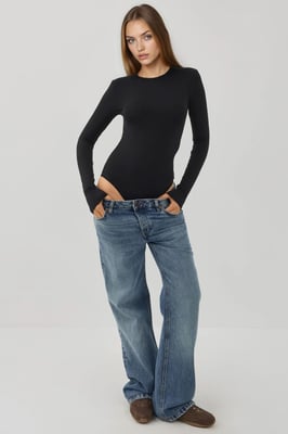Slim Fit Lange Mouwen Crew Neck Bodysuit met Drukknoopjes